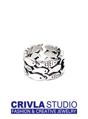 CRIVLA好多小鱼可爱游鱼纯银手工戒指男女开口可调节指环生日礼物