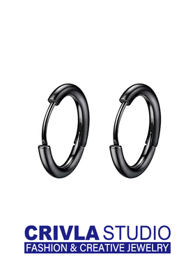 CRIVLA钛钢圆形黑色小耳圈男女INS潮国潮简约耳钉不锈钢个性耳环