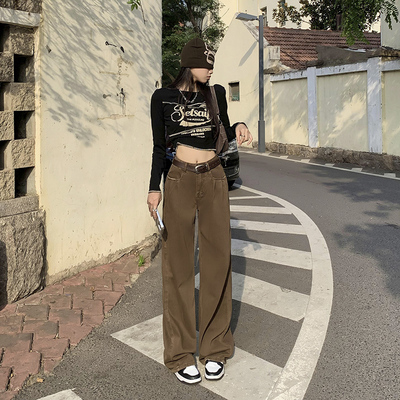 RNBN春秋复古高腰直筒阔腿牛仔裤