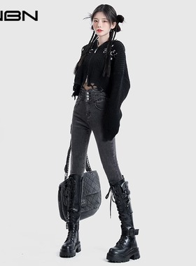 RNBN高腰弹力紧身牛仔裤女新款设计感修身显瘦小脚裤长裤