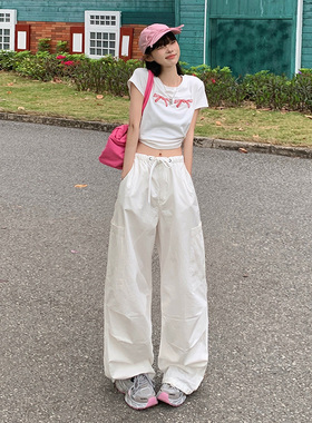 RNBN美式白色工装裤子女秋季薄新款宽松显瘦直筒休闲阔腿卫裤