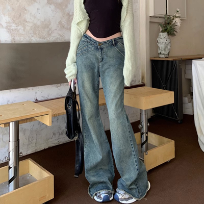 RNBN复古低腰微喇叭毛边牛仔裤