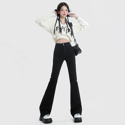 RNBN黑色高腰微喇牛仔裤