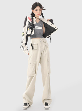 RNBN美式高腰白色工装裤女春季新款嘻哈高街宽松设计感阔腿拖地裤