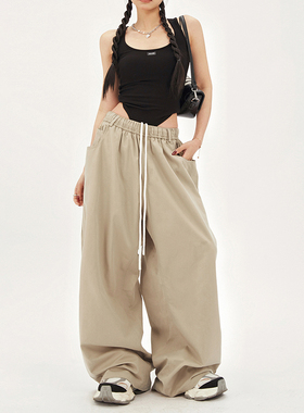 RNBN春秋季新款美式复古宽松阔腿裤松紧腰抽绳百搭直筒休闲裤女