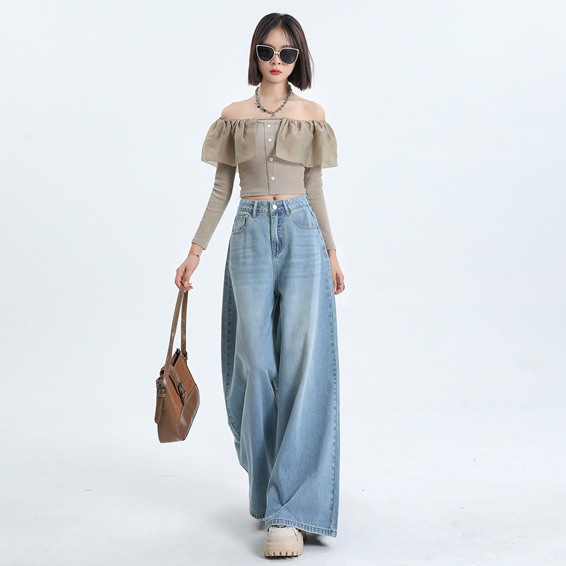 RNBN复古高腰大阔腿拖地牛仔裤