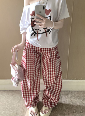 RNBN新款红色格子阔腿裤女慵懒松弛感休闲裤时尚宽松拖地长裤