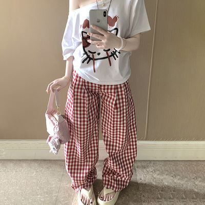 RNBN新款红色格子阔腿裤女