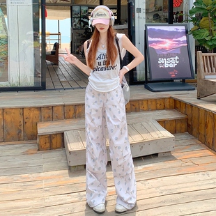 RNBN夏日多巴胺印花薄款休闲裤女新款宽松工装裤阔腿裤裤子潮