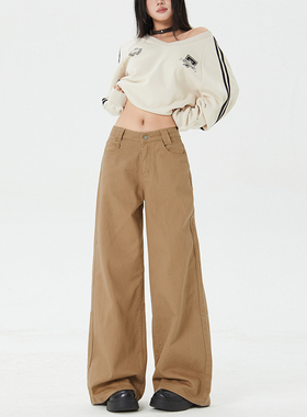 RNBN卡其色复古阔腿牛仔裤新款宽松直筒显瘦显高百搭垂感拖地裤