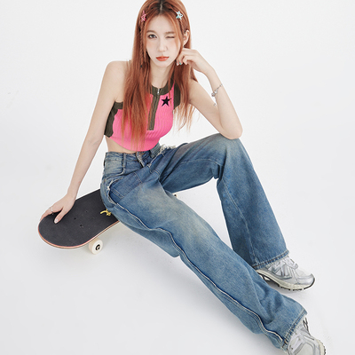 RNBN阔腿牛仔长裤破坏设计高腰