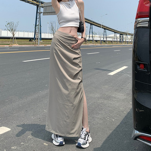 RNBN夏季薄款辣妹不规则开叉半身裙女高腰设计感中长裙包臀a字裙