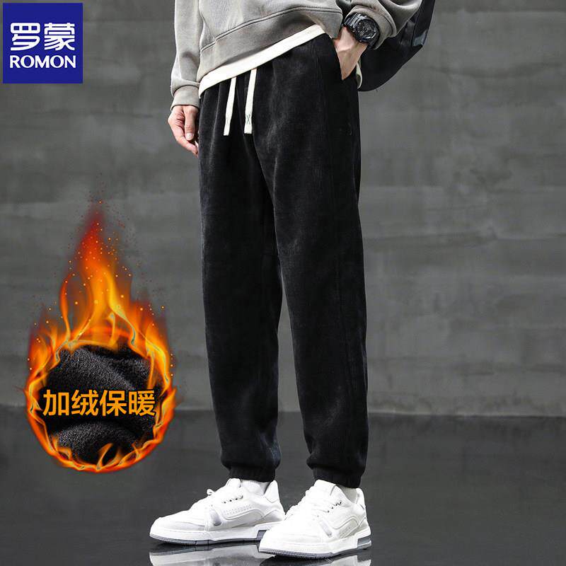 罗蒙灯芯绒加绒加厚男士运动裤秋冬拼接束脚工装裤男裤卫裤休闲裤