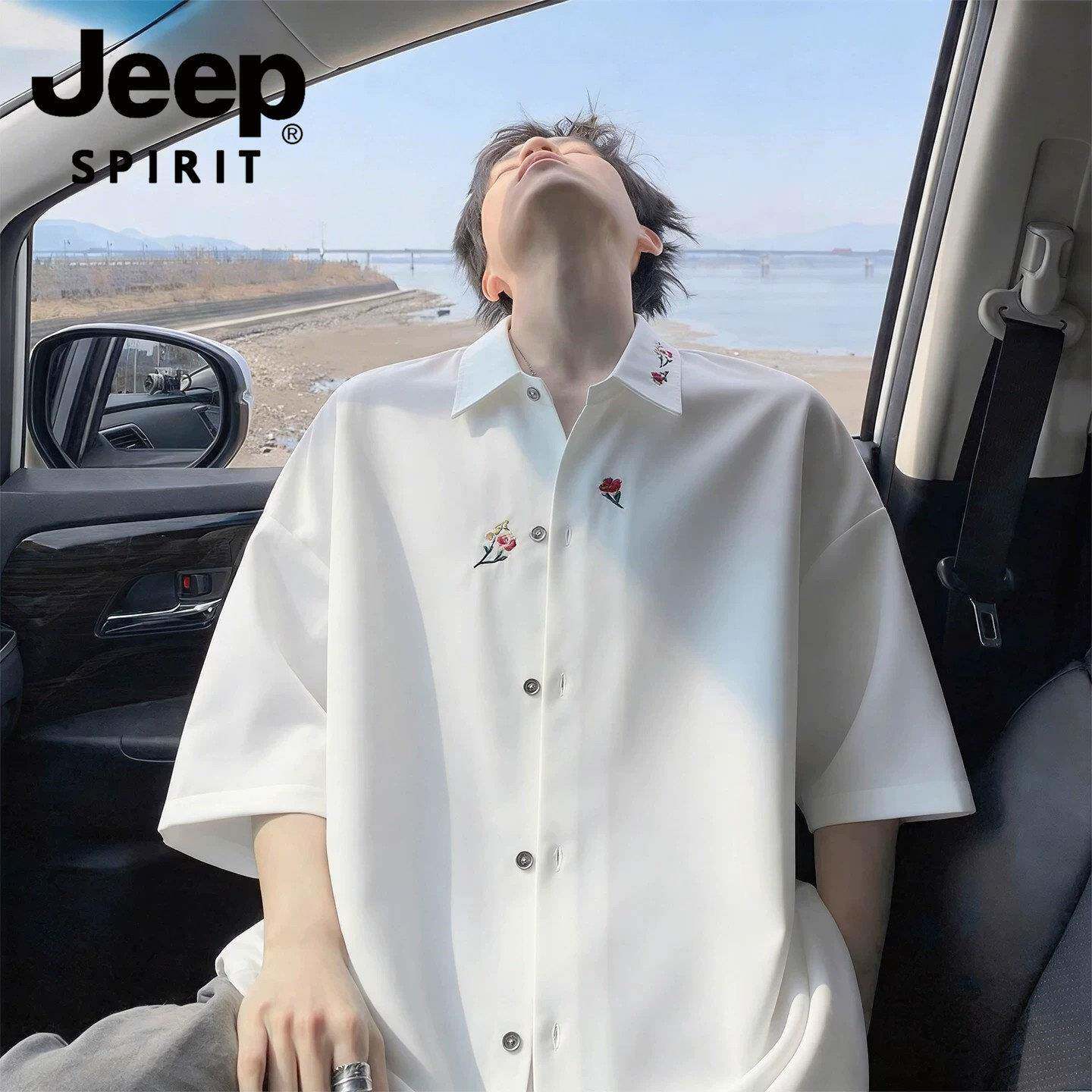 JEEP SPIRIT吉普花卉刺绣冰丝短袖衬衫男士夏季宽松衬衣潮牌凉感