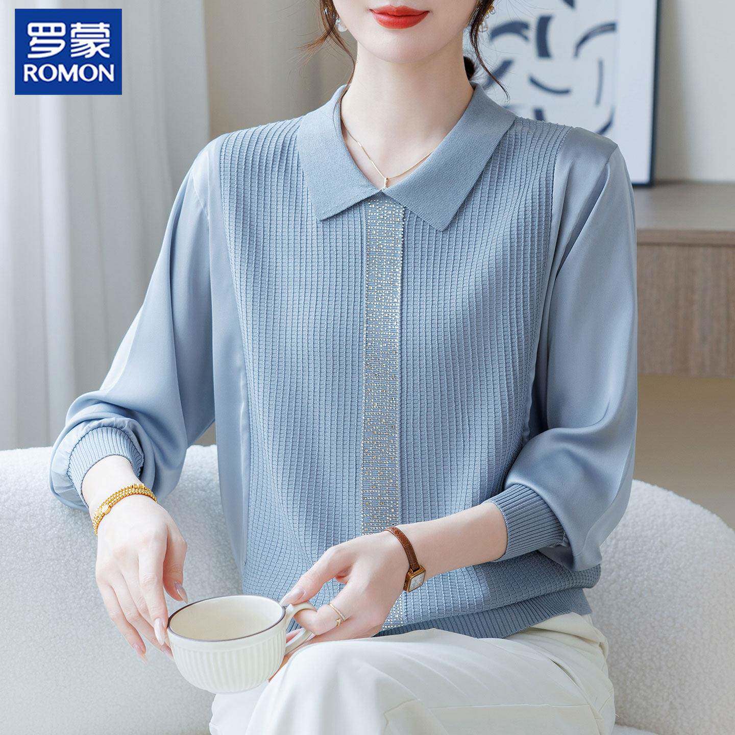 罗蒙年轻妈妈春装针织小衫中年女翻领上衣中老年女装时尚T恤衬衫