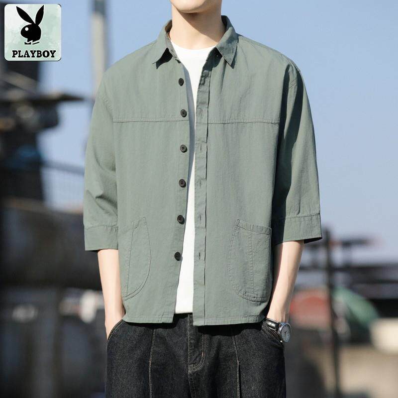 花花公子七分袖衬衫男夏季宽松休闲工装衬衣男装薄款全棉衬衣外套