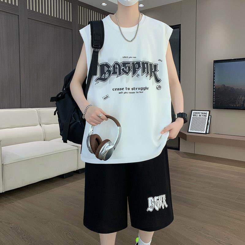 夏季新款无袖t恤男孩大童男装初高中学生运动青少年休闲背心套装