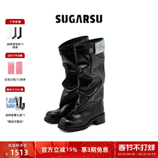 万茜关晓彤同款|SUGARSU酥履 秋冬高裤筒粗跟时装长筒堆堆靴子女