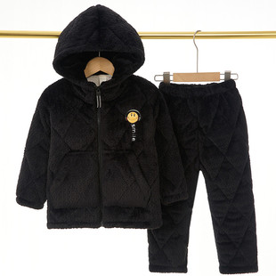 冬季男童加厚睡衣2022新款三层夹棉宝宝小孩带帽法兰绒儿童家居服