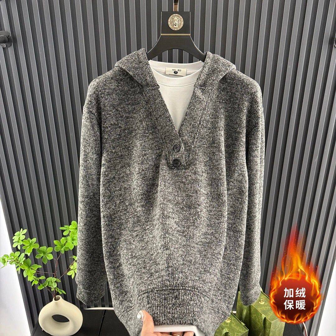 雨哲冬季新品美式潮牌假俩件男士帽衫纽扣卫衣潮流百搭高级感男装