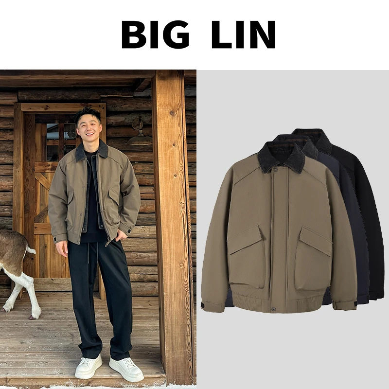 BIG林秋冬设计款牛仔假两件翻领夹克休闲纯色外套
