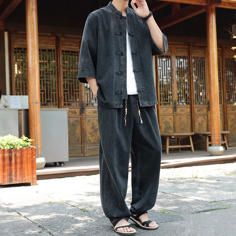 秋季中国风牛仔衬衫夹克套装休闲大码宽松长袖套装