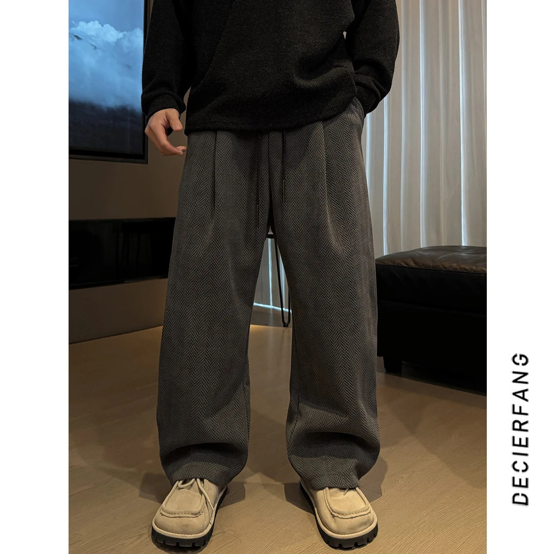 秋冬季加绒新款人字纹休闲裤男潮慵懒风斜纹宽松直筒百搭阔腿裤