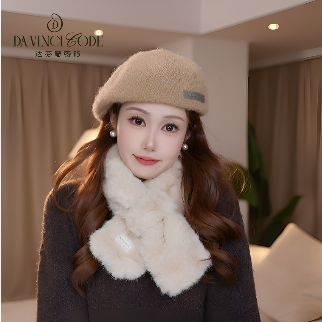 达芬奇密码蕾丝标仿貂毛围巾冬季氛围感精致时尚围脖女士保暖配饰
