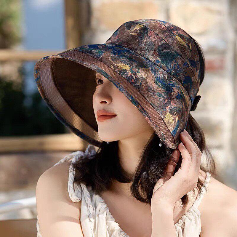 杭州丝绸防晒太阳帽夏女透气骑车防风空顶大檐遮阳帽国风优雅户外