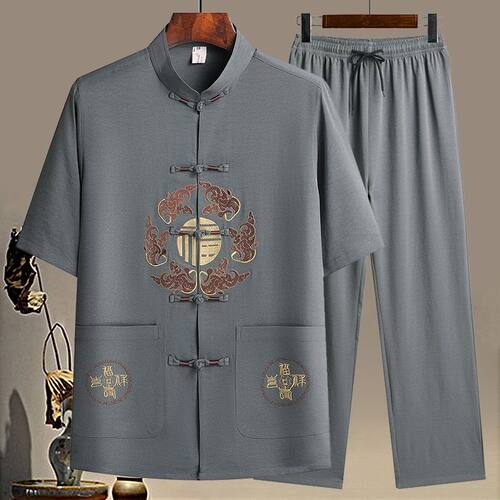中老年唐装男士短袖套装爸爸夏装新中式男装中国风爷爷老人衣服