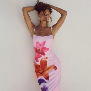 Flower camisole dress for women包臀裙大花花朵吊带连衣裙女