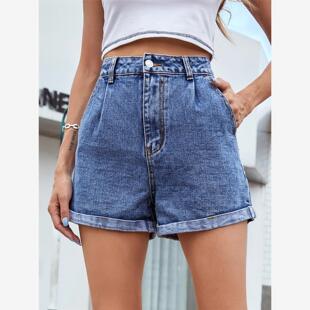 2022High Waisted Straight Jean Shorts Women Hem Denim Shorts