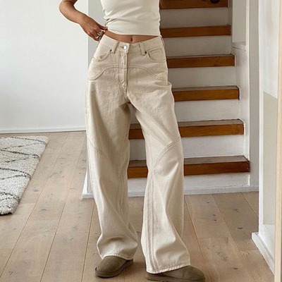 Beige Jeans Baggy Women Casual Denim Trousers Wide Leg Pants