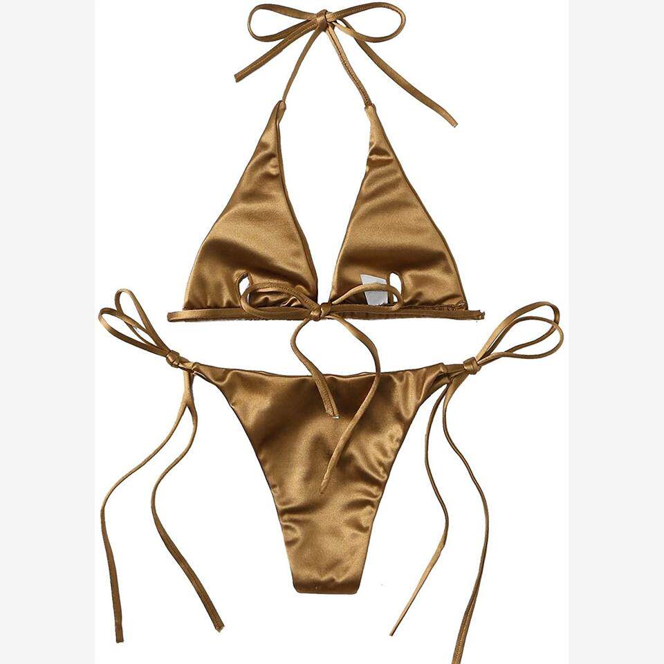 Women Metallic Halter Top Two Piece Swimsuit Triangle Bikini