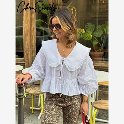Women Loose Lantern Lace Up Shirt Lady Blouse Tops Streetwea