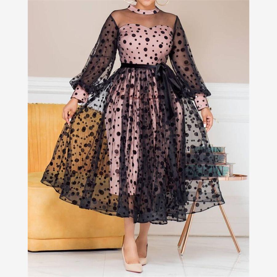 2022欧美大码新款波点网纱连衣裙Plus Size Dress Women African