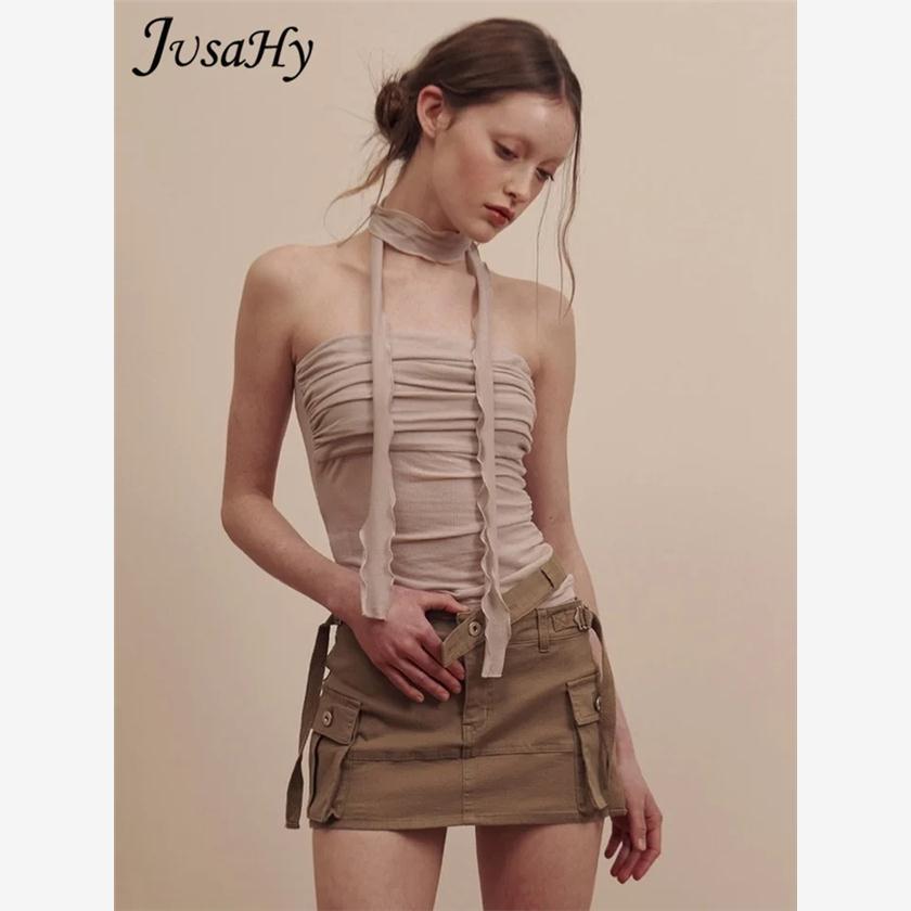Lace-up Halter Pleated Tank Vests Tops Women Party Club Wear