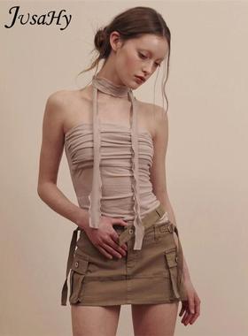 Lace-up Halter Pleated Tank Vests Tops Women Party Club Wear