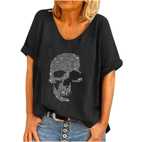 2022 Short Sleeve V-Neck Print Loose Casual T-Shirt Top上衣