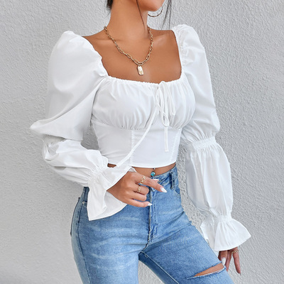 Y2K Slim Blouses Women Bow Backless Puff Long Sleev Crop Top