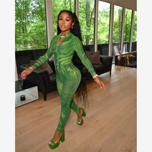 Sleeve Hip Lift Printed Jumpsuit健身连体裤 Long Gym Skinny