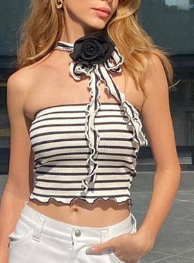 Women Halter Off Shoulder Knitted Striped Tube Y2K Crop Tops