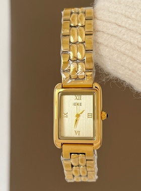IEKE复古金色方形手表女表罗马刻度钢带轻奢小众气质通勤石英手表