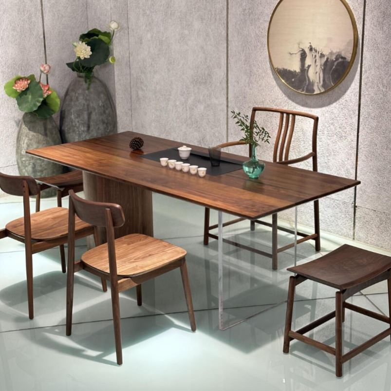 新中式黑胡桃木茶桌椅组合实木2025简约高端办公茶室一体式泡茶台