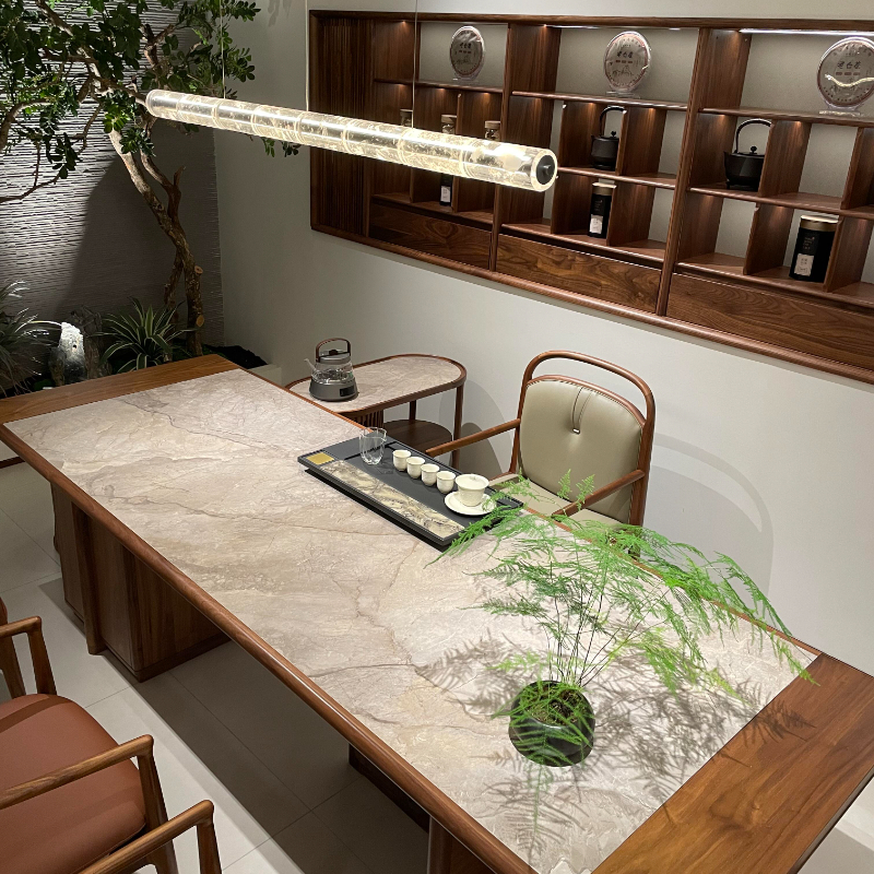 新中式黑胡桃木茶桌实木轻奢现代高级感岩板泡茶台设计师办公家用