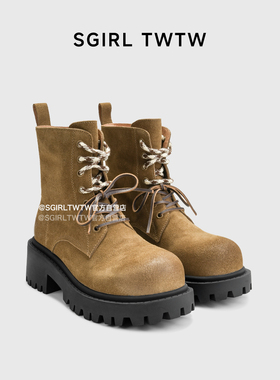 SGIRL TWT复古厚底骑士短靴女棕色大头时尚靴英伦旅行百搭马丁靴