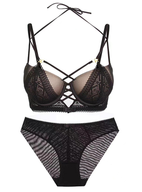 小胸显大收副乳内衣性感上托绑带设计纯欲蕾丝欧美女文胸套装