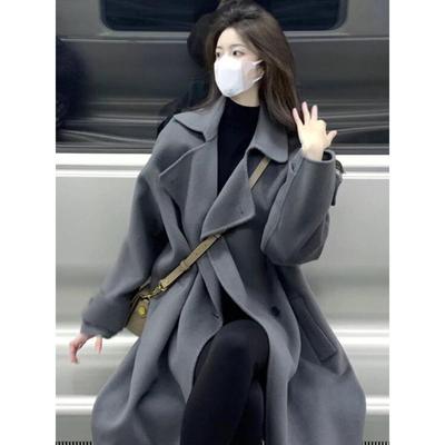 灰色双面羊绒呢子大衣女中长款2025秋冬新款高级感小个子毛呢外套