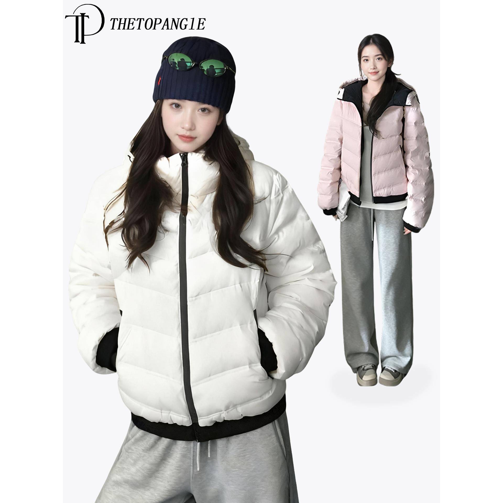 韩版撞色拼接白色短款羽绒棉服外套女秋冬修身显瘦加厚保暖面包服