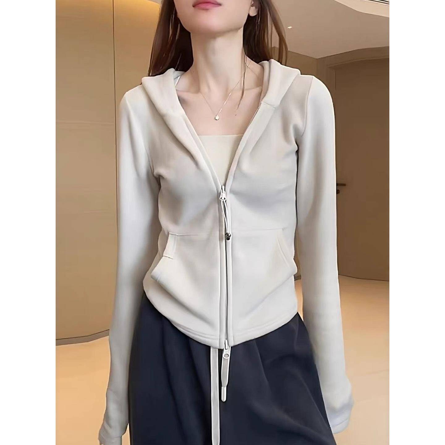 欧货设计感拉炼连帽卫衣女秋冬2025新款修身百搭外套双面德绒上衣